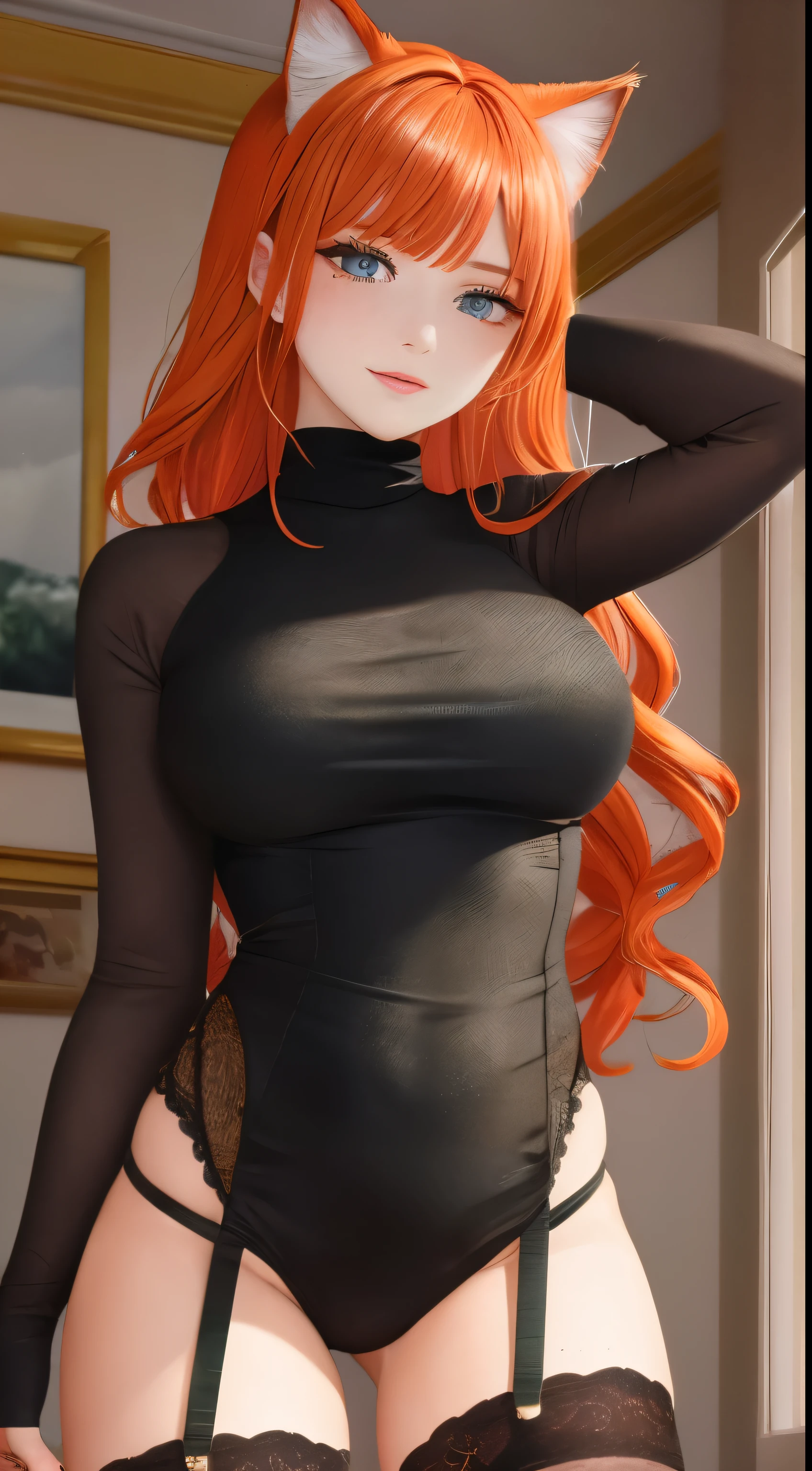 mother, Masterpiece, Best quality, ultra detailed, Beautiful lighting, 1 girl, Orange hair, cat ear, Green eyes, freckles, turtleneck top, I look at the viewer, detailed black stockings with belt, juicy ass