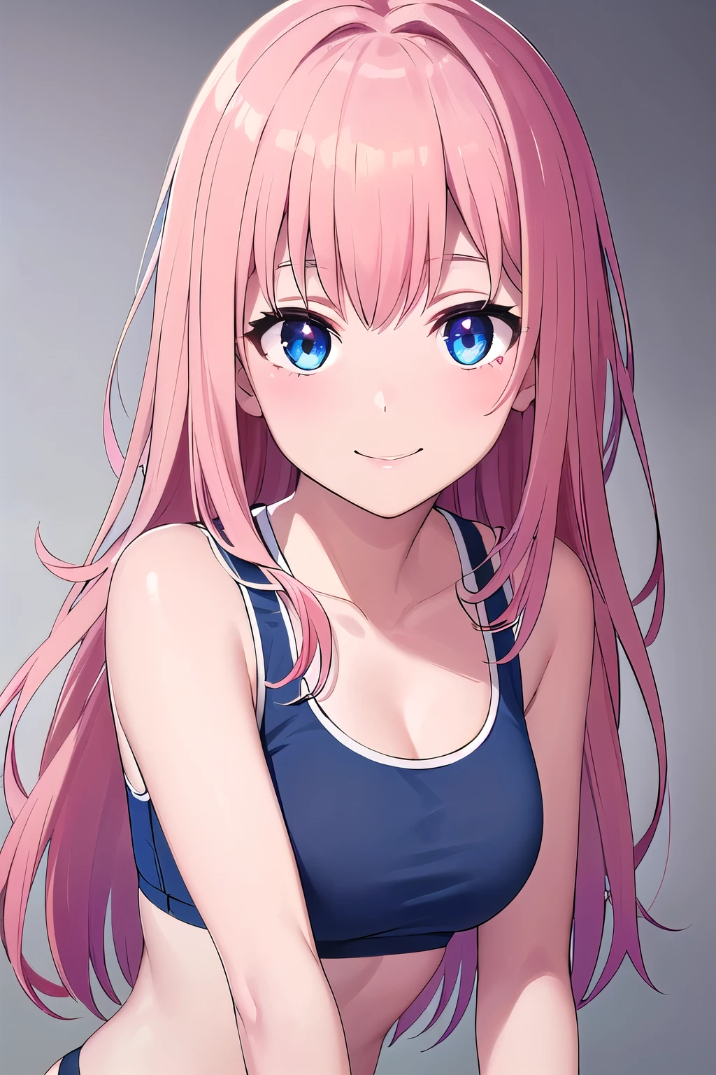 (8K, top-quality, masterpiece:1.2), (reallistic, Photorealsitic:1.37), Super Detail, One girl,), (Highly detailed), (beautifully detailed eyes), (of the highest quality), (super detailed ), (masterpiece), (Detailed face),20yr old, ,1 girl, ((pink hair,long hair)), medium breasts, clothed, Perfect Lighting, BREAK (blue buruma:1.5), (sports bra, fuchsia:1.4), (white quarter socks:1.2), BRAKE (upperbody to thigh:1.3), (smile:1.2), (looking at viewer:1.1), (white background:1.1), BRAKE