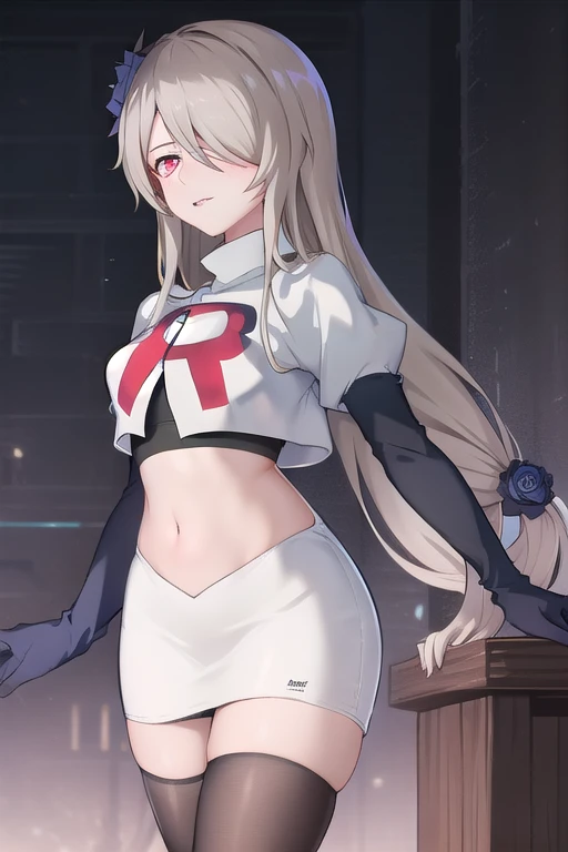 rita rossweisse, brown hair, long hair, hair over one eye, eyes visible through hair, hair flower, blue rose, red eyes, swept bangs, mole under eye, team rocket,team rocket uniform,white skirt,red letter R,crop top,black thigh-highs,black elbow gloves