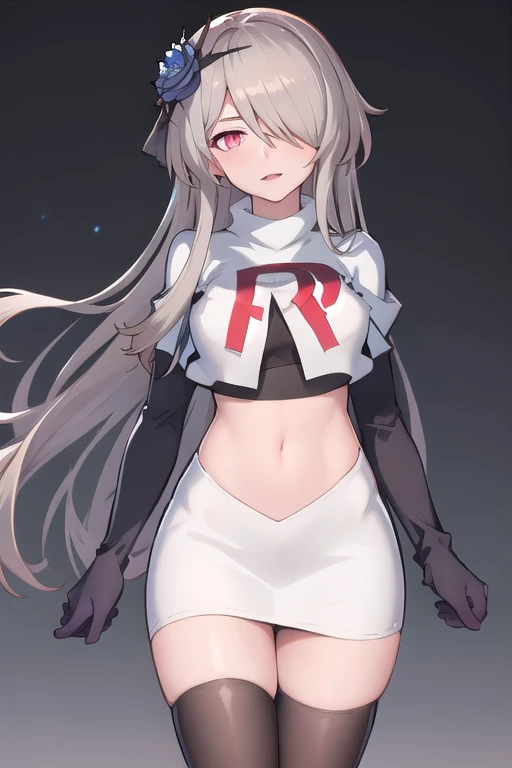 rita rossweisse, brown hair, long hair, hair over one eye, eyes visible through hair, hair flower, blue rose, red eyes, swept bangs, mole under eye, team rocket,team rocket uniform,white skirt,red letter R,crop top,black thigh-highs,black elbow gloves