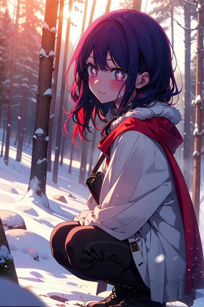aihoshino, Ai Hoshino, Long Hair, bangs, (Purple eyes:1.1), Purple Hair, (Symbol-shaped pupil:1.5), smile,,smile,blush,white breath,
Open your mouth,snow,Ground bonfire, Outdoor, boots, snowing, From the side, wood, suitcase, Cape, Blurred, , forest, White handbag, nature,  Squat, Mouth closed, Cape, winter, Written boundary depth, Black shoes, red Cape break looking at viewer, Upper Body, whole body, break Outdoor, forest, nature, break (masterpiece:1.2), Highest quality, High resolution, unity 8k wallpaper, (shape:0.8), (Beautiful and beautiful eyes:1.6), Highly detailed face, Perfect lighting, Highly detailed CG, (Perfect hands, Perfect Anatomy),