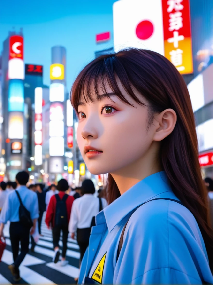 Against the backdrop of people walking at the Shibuya intersection, morning sky, natural light, Adjust lighting to match the scene......, sharp, sharp, close up photography, shirt, same movement....., Half body photo, Japan, In Tokyo, En Tokyo Shinjuku, a neo-tokyo, dreamer, dreamer, morning sky, action scenes, Wonderful., Science fiction, natural, sharp,