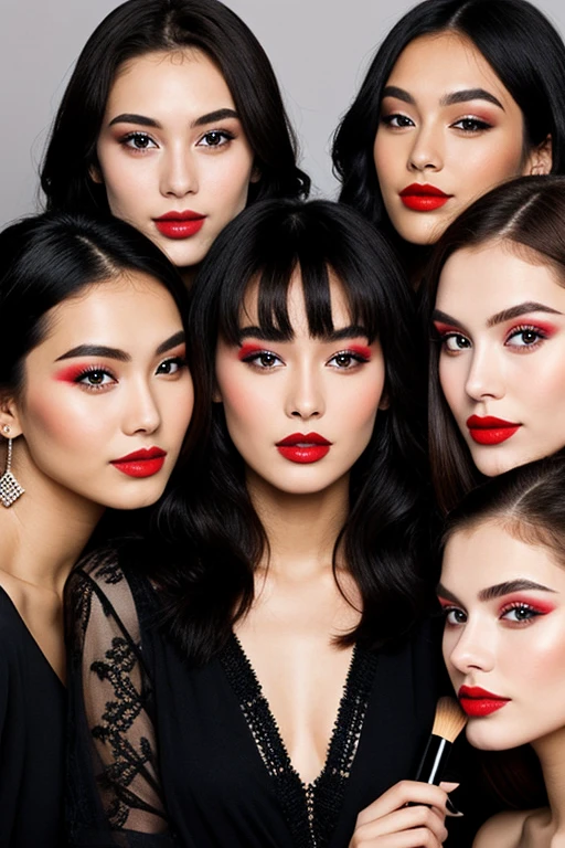 Group of different Models shoot for makeup holding makeup like lipsticks ,eye palette & brushes in hands