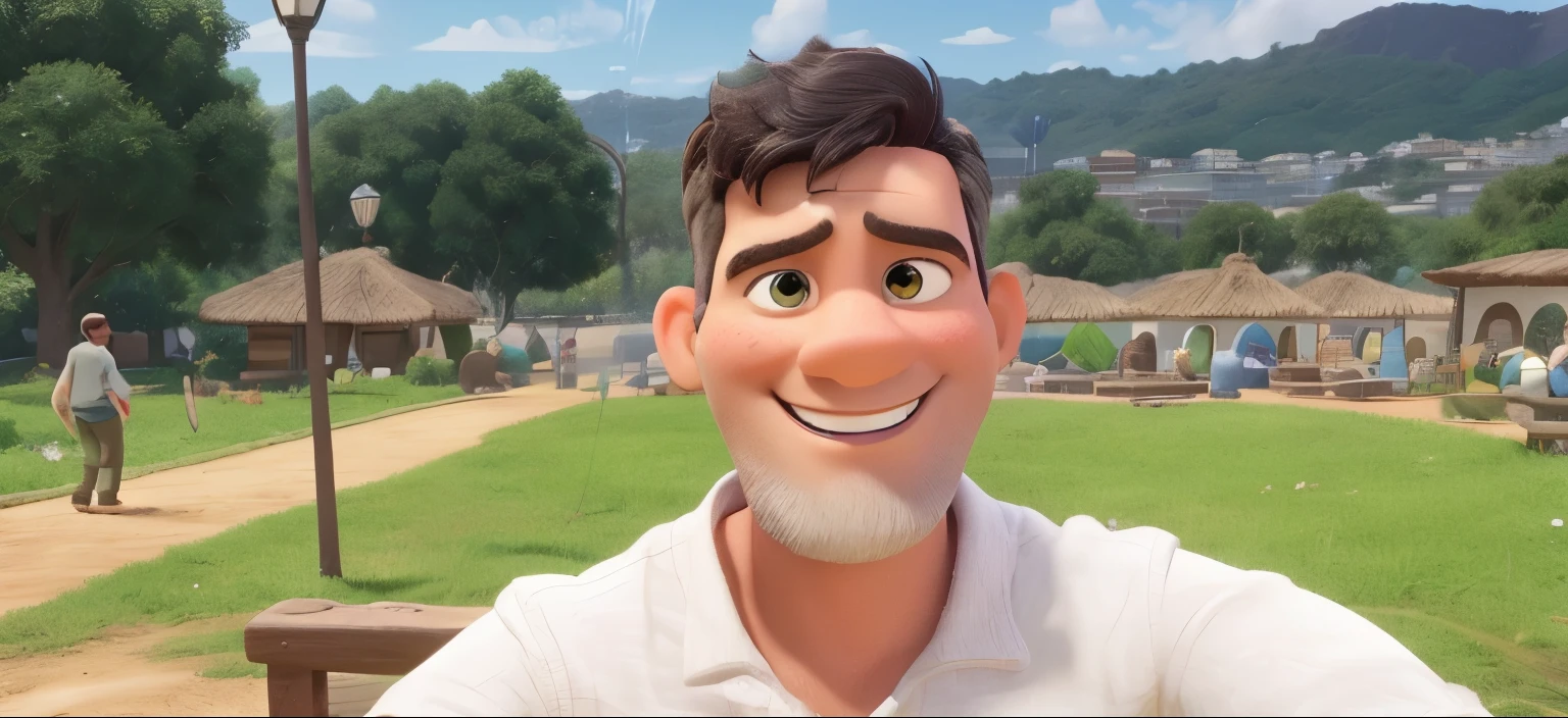 Create a Disney Pixar-style character, man of 40 years old, offwhite, short black hair, levemente grisalhos nas laterais, greenish brown eyes, standing, smiling inside an ecological park.  