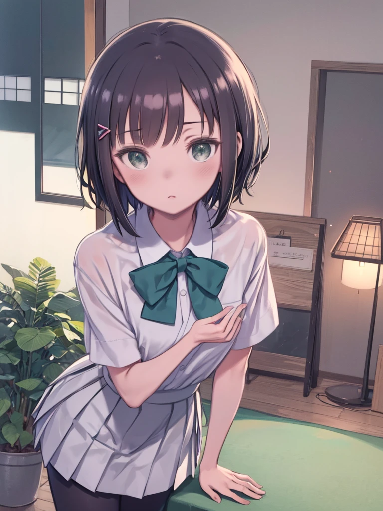 (masterpiece, Highest quality:1.2), Very detailed, Ultra-high resolution,Monochrome ,greenのテーマ, chest, View your viewers, innocent big eye, Fascinating,(Light_smile:0.5),Embarrassing, shy, (School_uniform), (white_skirt),(green_length_tie), (green_Pleats_skirt), (black_hose), (brown_short_hair), (green_eye:1.0),(前hair),disheveled hair,(hairclip), 1 girl, alone, manga,20-year-old,Maturn,Beautiful fingers,Beautiful long legs,Beautiful body,Beautiful Nose,Beautiful character design, perfect eye, Perfect Face, Japanese,Cosplay, from the front , Leaning forward, ,Partially_unbuttoned,button_gap,aring hand is extended to you, Provides support and comfort.