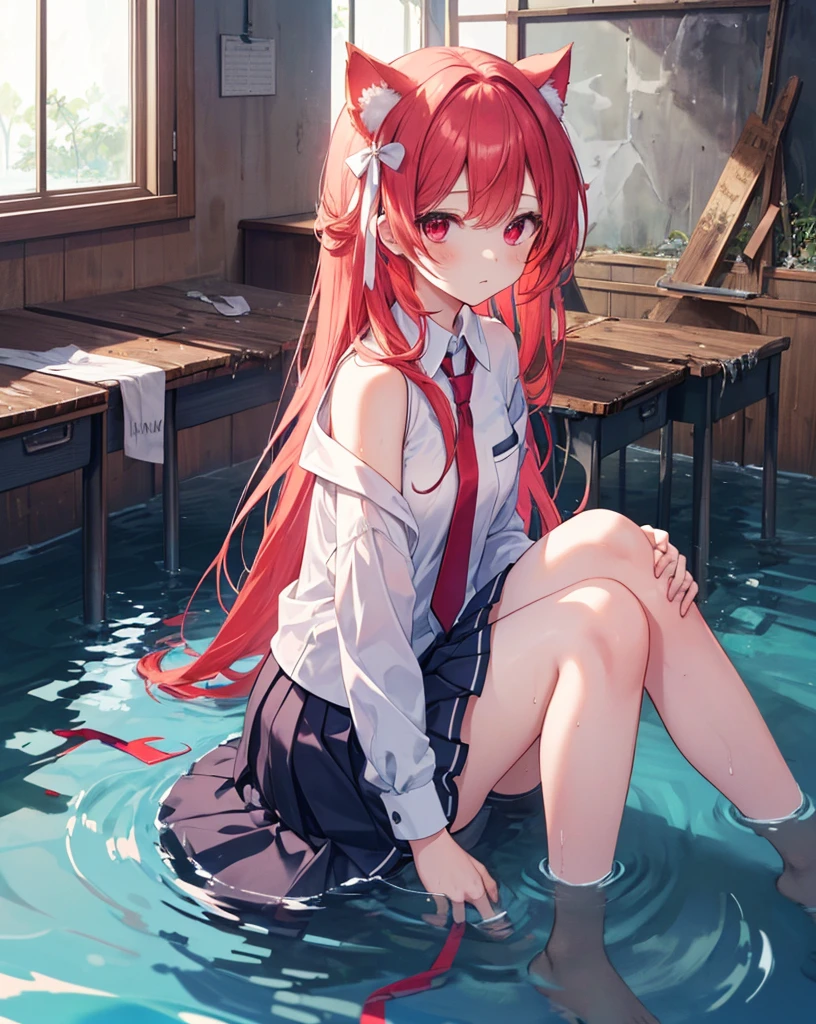 High quality, kotori_itsuka,1girl, solo, neko_ears, untied_necktie, ((White ribbons to tie hairs)),random dynamic scene , bare shoulders , long red hair, vibrant red eyes.
(school uniform,pantyhouse:1.2),ribbon,(flooded water,sitting,ruins, class room,water underground,water surface,hands between legs)moonlight