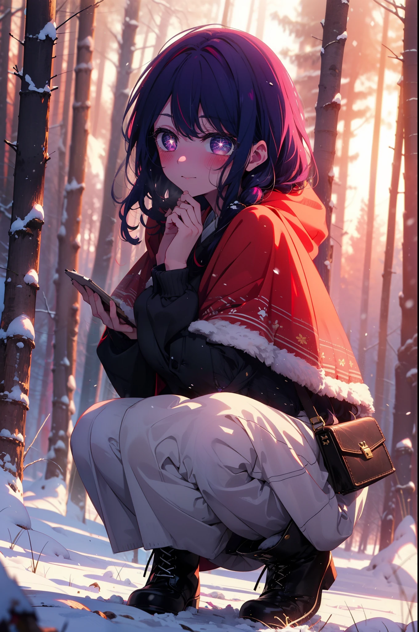 aihoshino, Ai Hoshino, Long Hair, bangs, (Purple eyes:1.1), Purple Hair, (Symbol-shaped pupil:1.5), smile,,smile,blush,white breath,
Open your mouth,snow,Ground bonfire, Outdoor, boots, snowing, From the side, wood, suitcase, Cape, Blurred, , forest, White handbag, nature,  Squat, Mouth closed, Cape, winter, Written boundary depth, Black shoes, red Cape break looking at viewer, Upper Body, whole body, break Outdoor, forest, nature, break (masterpiece:1.2), Highest quality, High resolution, unity 8k wallpaper, (shape:0.8), (Beautiful and beautiful eyes:1.6), Highly detailed face, Perfect lighting, Highly detailed CG, (Perfect hands, Perfect Anatomy),