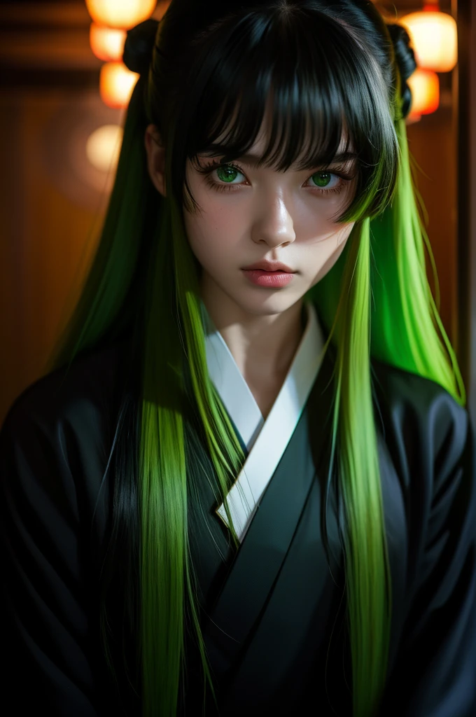i want the whole image to be created in 3D anime style, solo, long hair, looking at viewer, bangs, black hair, 1boy, hair between eyes, closed mouth, green eyes, male focus, multicolored hair, japanese clothes, lips, eyelashes, portrait, close-up, haori, demon slayer uniform