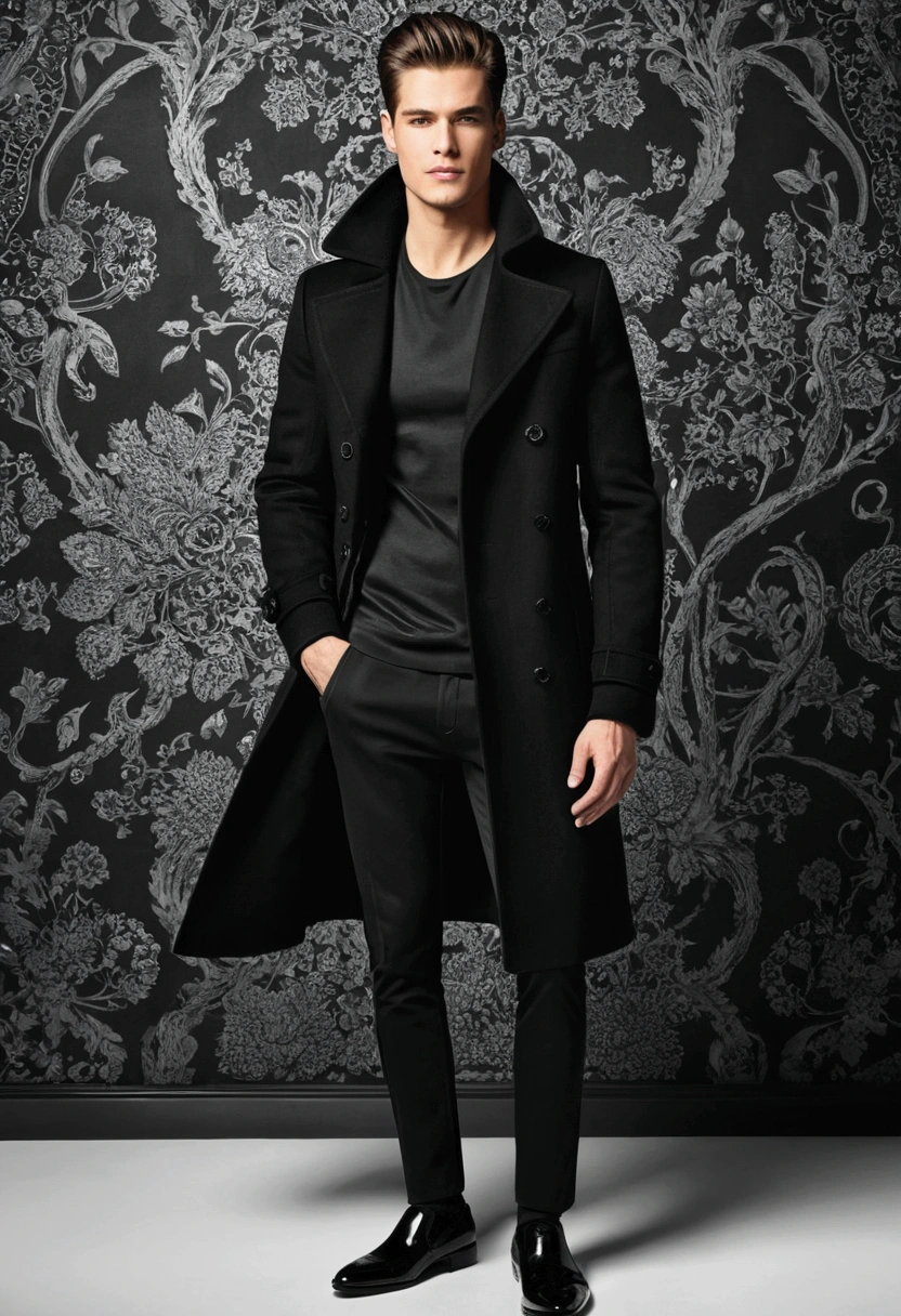 Man in a black coat, black pants, black shoe  (extremely pretty) (with your hands in your pocket)