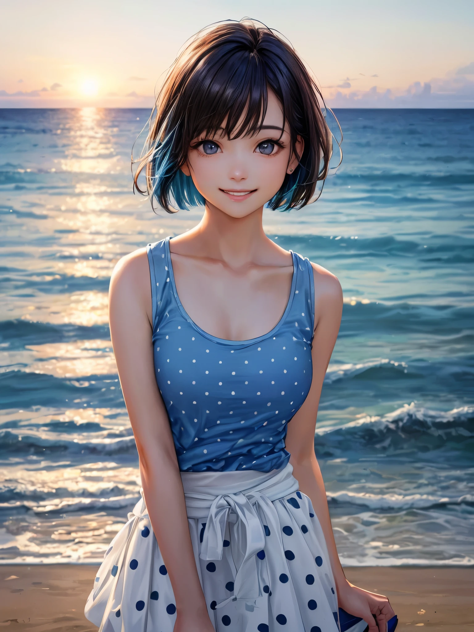 (Highest quality、8k、32K、masterpiece)、(Realistic)、(Realistic:1.2)、(High resolution)、Very detailed、Very beautiful face and eyes、(((Women's Solo Shot)))、Frame In、Tight waist、(Highest quality、Attention to detail、Rich skin detail)、(Highest quality、8k、Oil paints:1.2)、(Realistic、Realistic:1.37)、Bright colors、(((Bust Shot)))、(((Bob Hair)))、(((smile)))、(((Brown Hair)))、(((Light blue tank top)))、(((Polka dot tank top)))、(((White chiffon skirt)))、(((I'm on the beach)))、(((you can see the horizon)))、((Hair is stiff、I'm touching my hair))、(((blue sky)))、(((Stylish necklace)))
