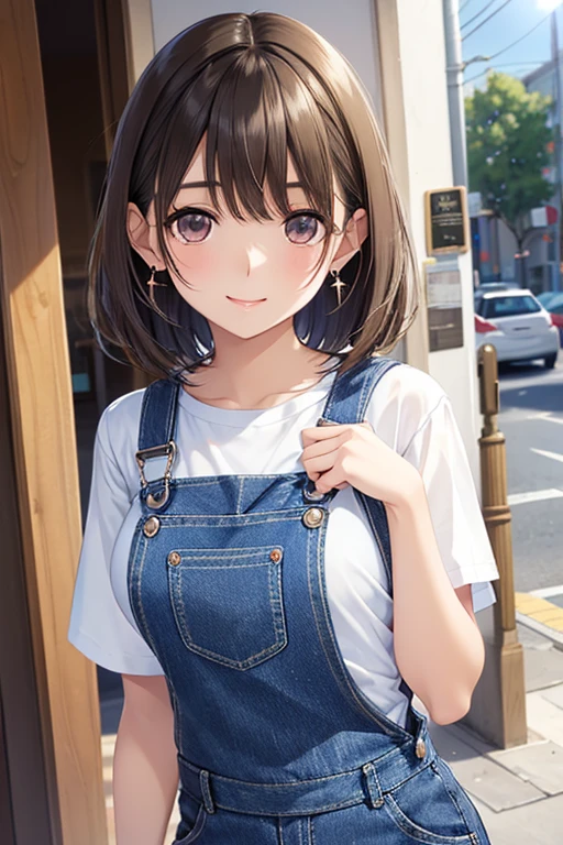 anegasaki nene、Shiny brown hair, short hair, (Beautiful brown eyes、Sparkling eyes, Fine grain)、smile、Ultra-detailed eyes、Highly detailed face, Highly detailed eyes,



((masterpiece)),(((Highest quality))),((Wear denim fabric overalls)),Thin thighs,Long legs, alone,  short hair, かわいいsmile，Earrings, jewelry, 
Medium Milk，Please wash your hands, Photo of slim girl model, Close-up body shot，street, 