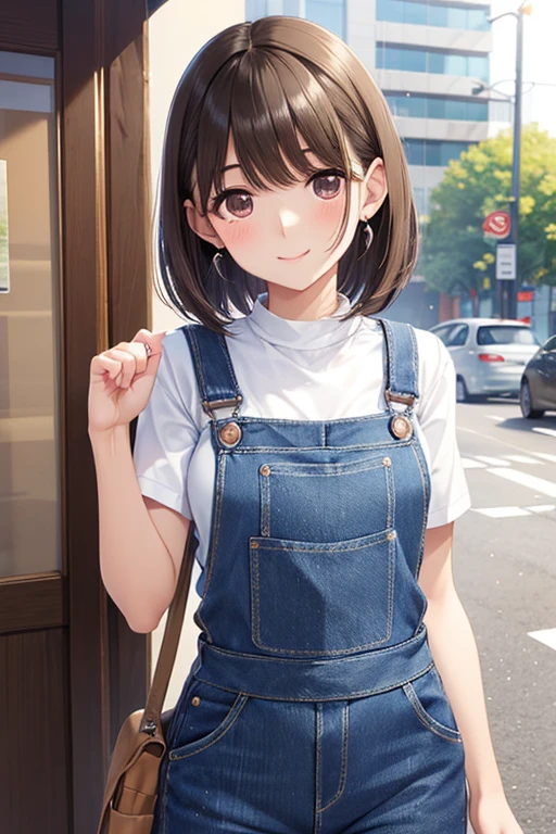 anegasaki nene、Shiny brown hair, short hair, (Beautiful brown eyes、Sparkling eyes, Fine grain)、smile、Ultra-detailed eyes、Highly detailed face, Highly detailed eyes,



((masterpiece)),(((Highest quality))),((Wear denim fabric overalls)),Thin thighs,Long legs, alone,  short hair, かわいいsmile，Earrings, jewelry, 
Medium Milk，Please wash your hands, Photo of slim girl model, Close-up body shot，street, 