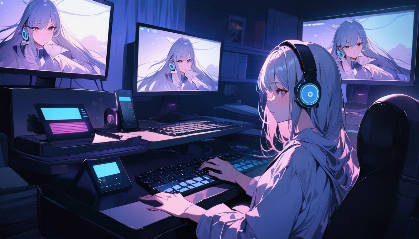 Highest quality,masterpiece,,high resolution,4K,,Detailed Description,Girl typing on a computer keyboard,evening,Private room,headphone,A foolproof move,Staring at your computer screen,The room is bright