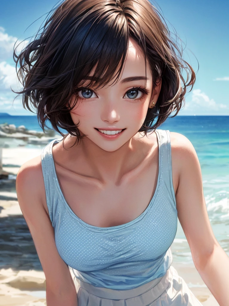 (Highest quality、8k、32K、masterpiece)、(Realistic)、(Realistic:1.2)、(High resolution)、Very detailed、Very beautiful face and eyes、(((Women's Solo Shot)))、Frame In、Tight waist、(Highest quality、Attention to detail、Rich skin detail)、(Highest quality、8k、Oil paints:1.2)、(Realistic、Realistic:1.37)、Bright colors、(((Bust Shot)))、(((Bob Hair)))、(((smile)))、(((Brown Hair)))、(((Light blue tank top)))、(((Polka dot tank top)))、(((White chiffon skirt)))、(((I'm on the beach)))、(((you can see the horizon)))、((Hair is stiff、I'm touching my hair))、(((blue sky)))、(((Stylish necklace)))