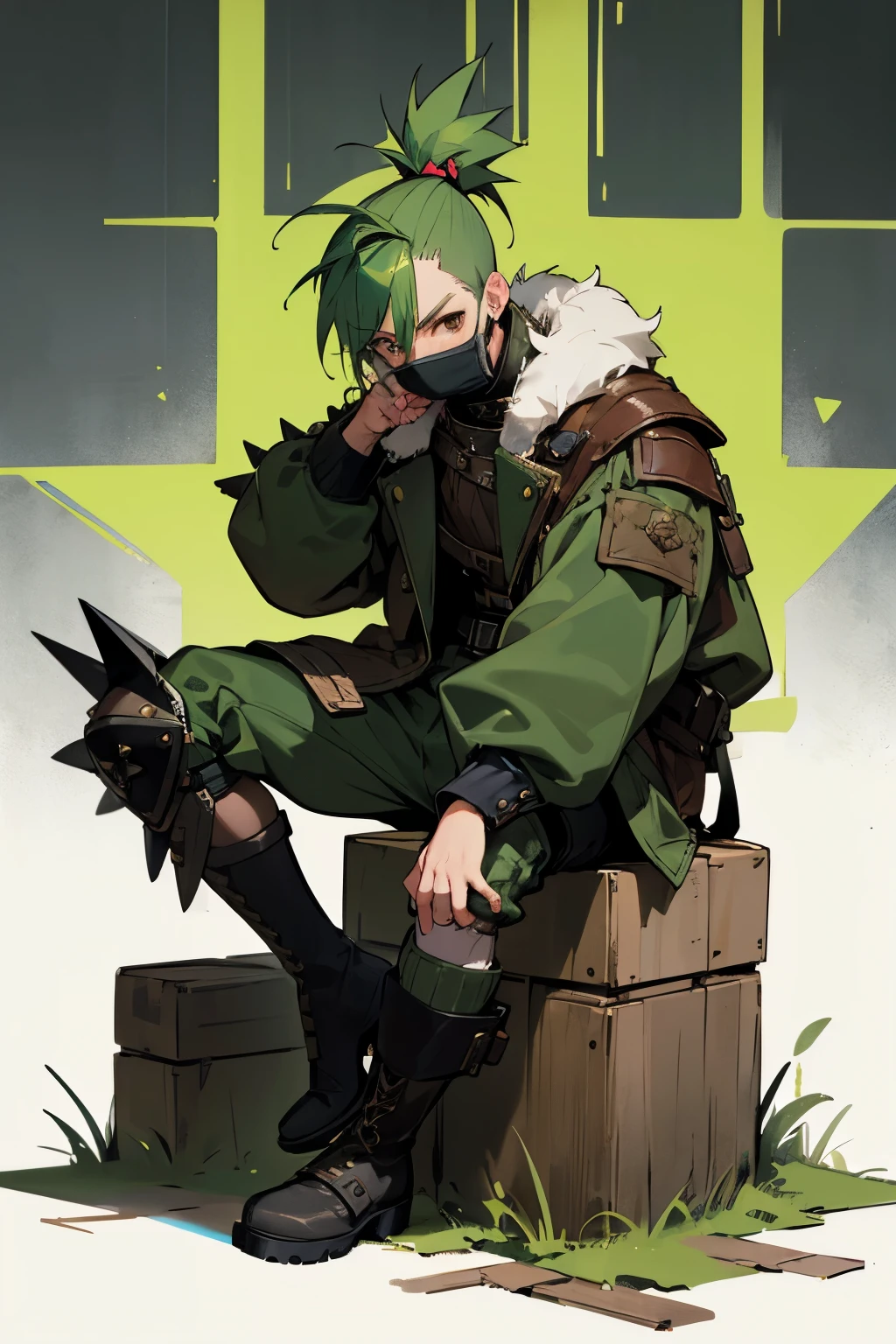 Guy, punk, green hair, Mohawk hairstyle, brown eyes. Thin build hunchbacked medieval clothing, jacket with fur collar, (beak-shaped mask). different shoes, a boot on one leg, a boot on the other (knee pads and shoulder pads with spikes). Full height