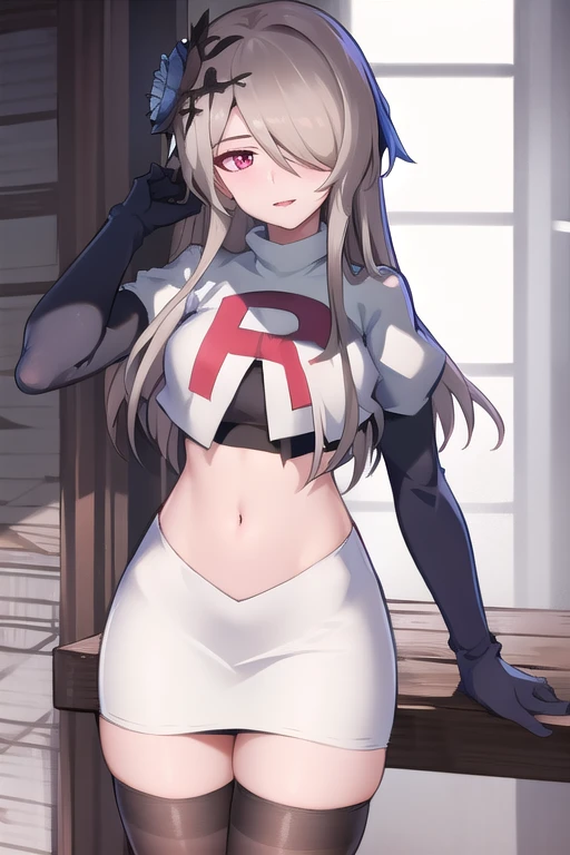 rita rossweisse, brown hair, long hair, hair over one eye, eyes visible through hair, hair flower, blue rose, red eyes, swept bangs, mole under eye, team rocket,team rocket uniform,white skirt,red letter R,crop top,black thigh-highs,black elbow gloves