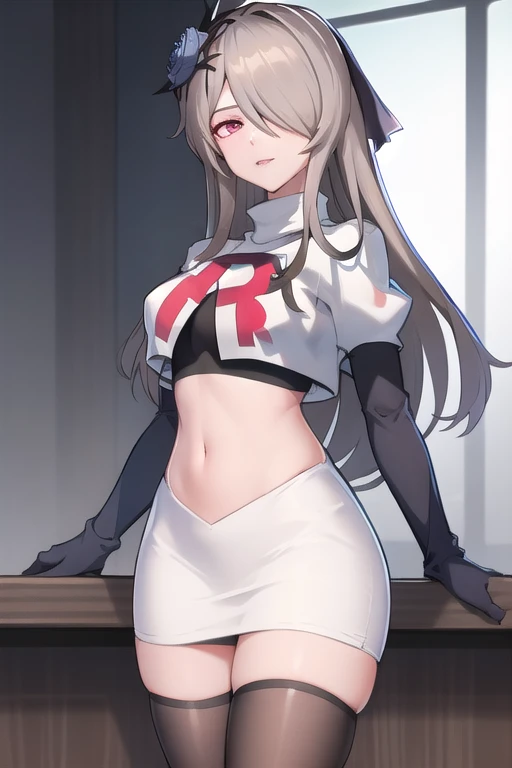 rita rossweisse, brown hair, long hair, hair over one eye, eyes visible through hair, hair flower, blue rose, red eyes, swept bangs, mole under eye, team rocket,team rocket uniform,white skirt,red letter R,crop top,black thigh-highs,black elbow gloves