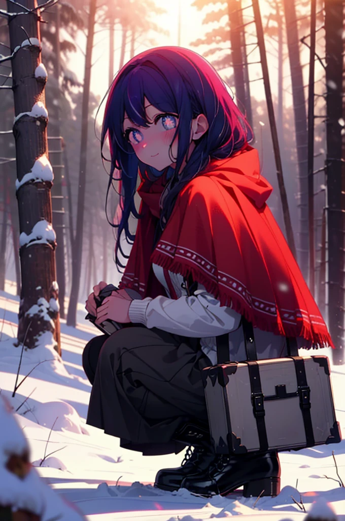 aihoshino, Ai Hoshino, Long Hair, bangs, (Purple eyes:1.1), Purple Hair, (Symbol-shaped pupil:1.5), smile,,smile,blush,white breath,
Open your mouth,snow,Ground bonfire, Outdoor, boots, snowing, From the side, wood, suitcase, Cape, Blurred, , forest, White handbag, nature,  Squat, Mouth closed, Cape, winter, Written boundary depth, Black shoes, red Cape break looking at viewer, Upper Body, whole body, break Outdoor, forest, nature, break (masterpiece:1.2), Highest quality, High resolution, unity 8k wallpaper, (shape:0.8), (Beautiful and beautiful eyes:1.6), Highly detailed face, Perfect lighting, Highly detailed CG, (Perfect hands, Perfect Anatomy),