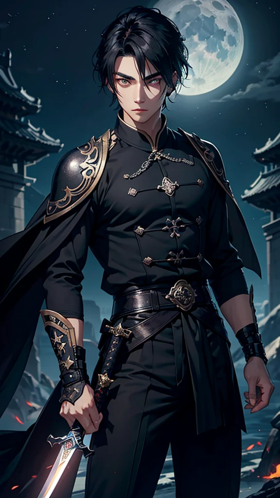 Good-looking,Sword eyebrows starry eyes,Handsome male in his 20s wearing black Chinese,A dagger on his waist,Dark sky and high moon