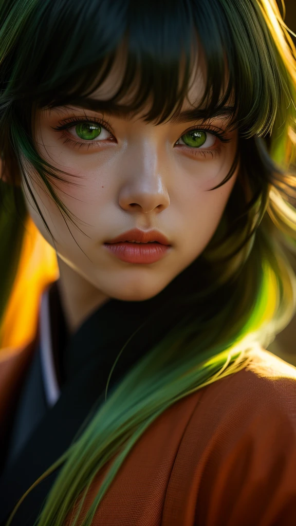 i want the whole image to be created in 3D anime style, solo, long hair, looking at viewer, bangs, black hair, 1boy, hair between eyes, closed mouth, green eyes, male focus, multicolored hair, japanese clothes, lips, eyelashes, portrait, close-up, haori, demon slayer uniform