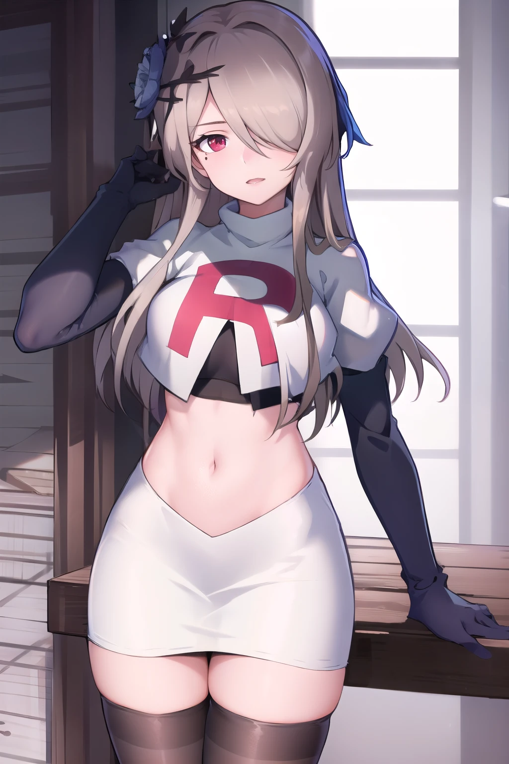 rita rossweisse, brown hair, long hair, hair over one eye, eyes visible through hair, hair flower, blue rose, red eyes, swept bangs, mole under eye, team rocket,team rocket uniform,white skirt,red letter R,crop top,black thigh-highs,black elbow gloves