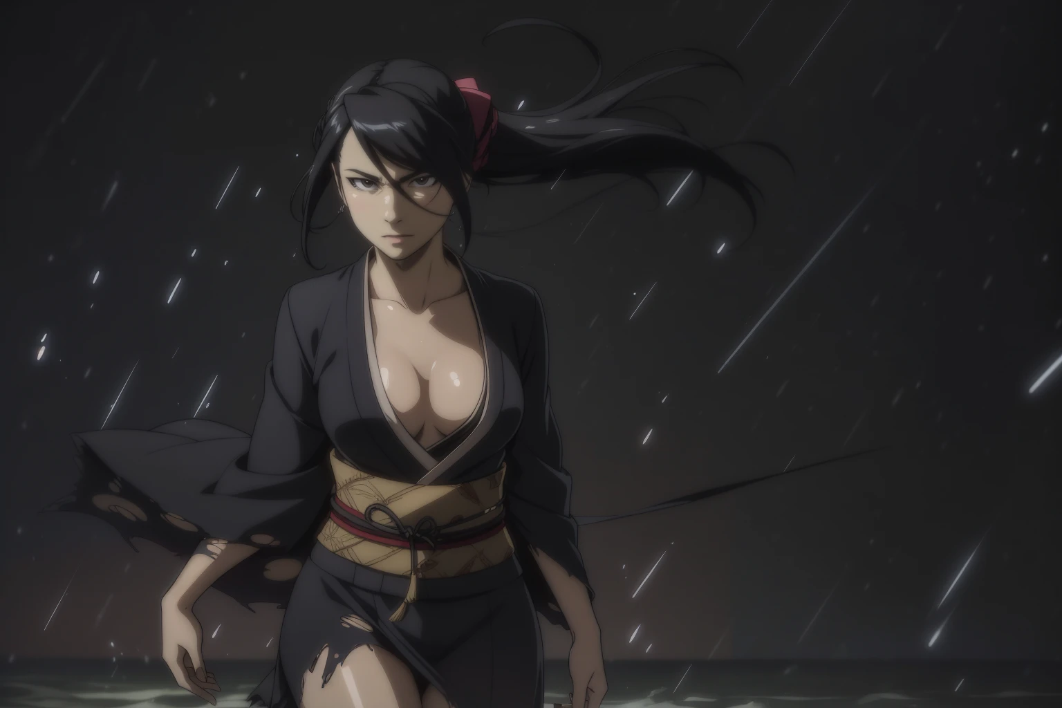 Alluring girl, black hair, low ponytail, hair between eyes, (torn black kimono:1.3), (cleavage:1.2), medium breast, thick thighs, sexy pose, wet body, (raining), (water droplets:1.2), (wind lift:1.5), (masterpiece, best quality:1.2), volumetric lighting, reflection light realistic, intricate, (simple dark background:1.5)