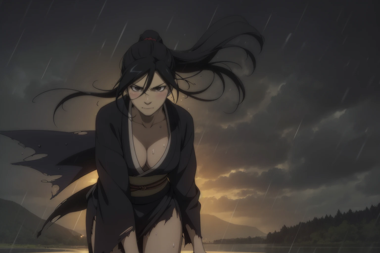 Alluring girl, black hair, low ponytail, hair between eyes, (torn black kimono:1.3), (cleavage:1.2), medium breast, thick thighs, sexy pose, wet body, (raining), (water droplets:1.2), (wind lift:1.5), (masterpiece, best quality:1.2), volumetric lighting, reflection light realistic, intricate, (simple dark background:1.5)