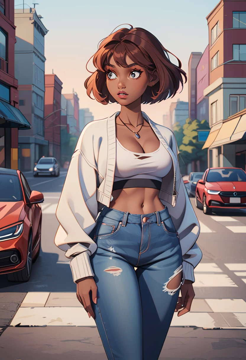 th3t4styl3, 1girl, pants, solo, dark skin, jeans, denim, dark-skinned female, outdoors, jewelry, breasts, navel, brown hair, midriff, necklace, white cardigan, torn clothes, street, road, torn pants, looking to the side, crop top, brown eyes, open clothes, cardigan, short hair, thick eyebrows, medium breasts, cleavage, jacket, day, blue pants, shadow, white jacket, motor vehicle, long sleeves, standing, car, cowboy shot, city, parted lips, torn jeans