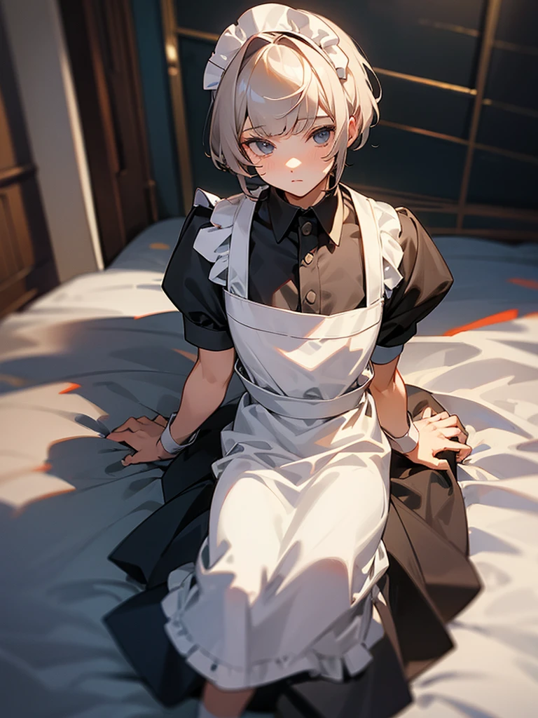 Boy with feminine body, hair with bangs, with maid outfit