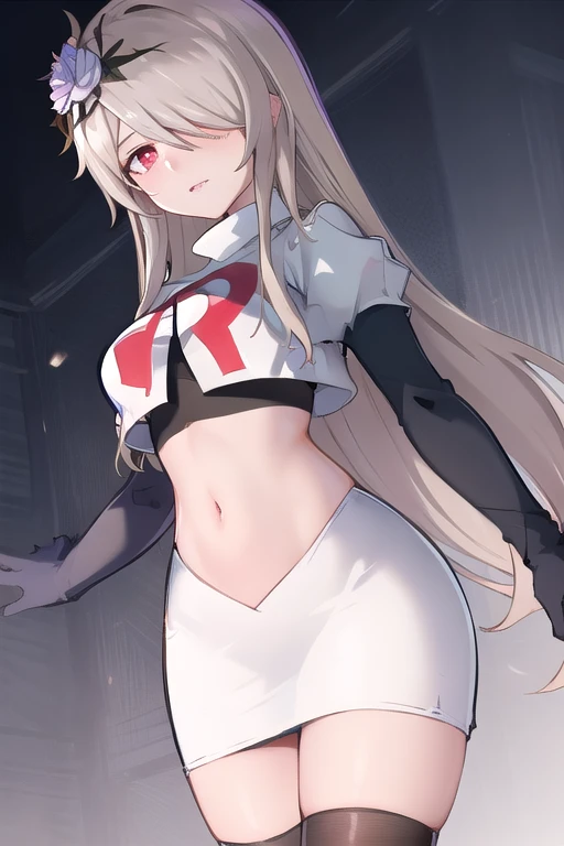 rita rossweisse, brown hair, long hair, hair over one eye, eyes visible through hair, hair flower, blue rose, red eyes, swept bangs, mole under eye, team rocket,team rocket uniform,white skirt,red letter R,crop top,black thigh-highs,black elbow gloves