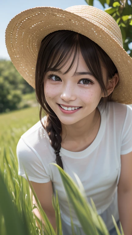 (Highest quality,masterpiece:1.3,Ultra-high resolution),(Very detailed,Caustics,8k),(Realistic:1.4,RAW shooting),21 years old,cute,Japanese,Straw hat,Black hair medium hair,(T-Shirts),(smile),Looking into the camera,blue sky,sun,Backlight,(Top of the Hill),(Tall green grassland:1.1),(Standing in the grassland),(Ground level shot:1.1),(Waist up shot),(Face Focus),(Face close-up),(Low position:1.2),(Low Angle:1.2),Natural light , (shy smile :1.3)、belly button、freckles