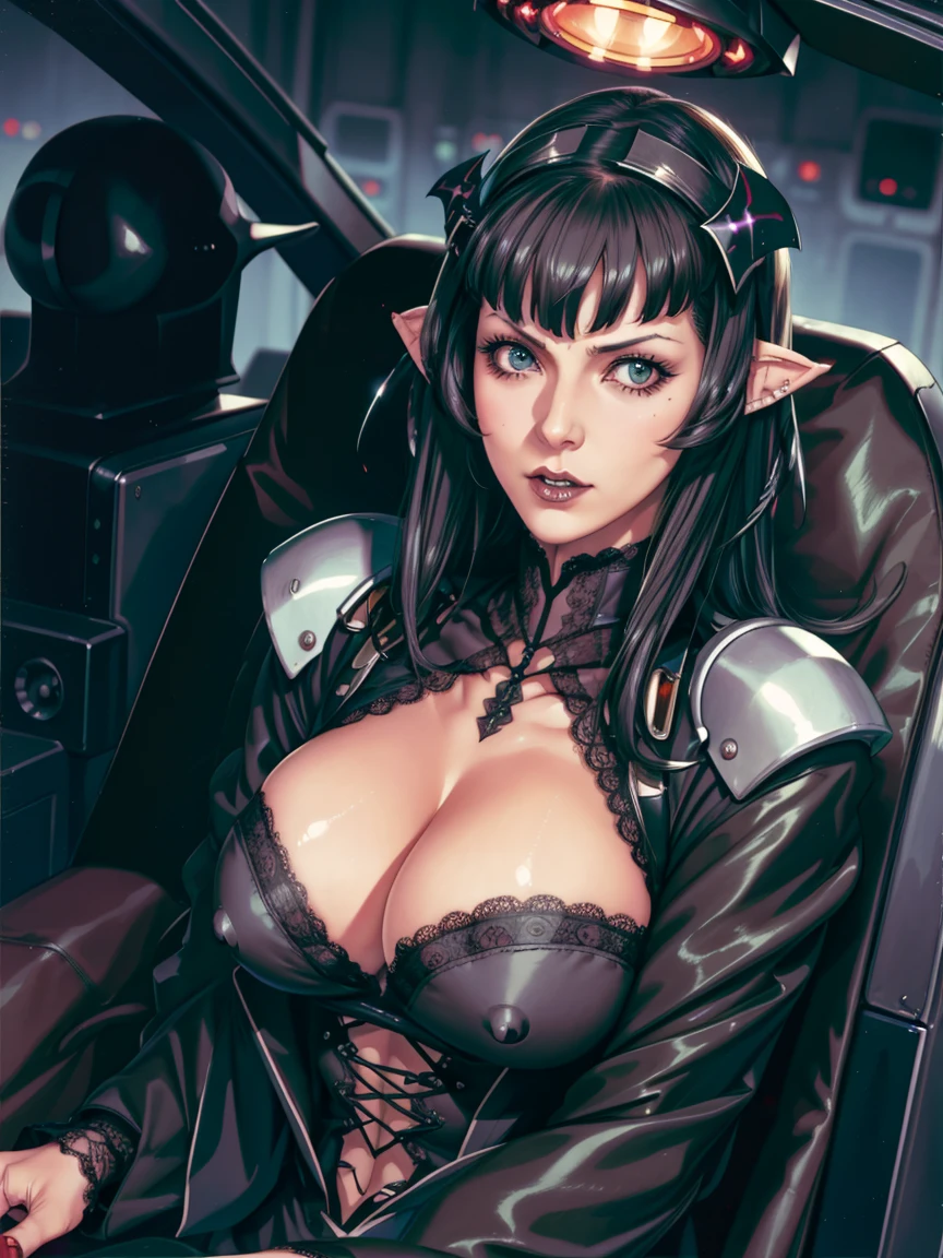 (((gothic vampire piloting) in gothic spacecraft)), (((retro anime))), ((from below)), ((120 fov)), ((((gothic)) control panels)), (((mature))), (((gothic))), (iridescent) bodysuit, ((((lace accessories)))), ((pilot seat)), ((((lying back)) pose)), (((elegant))), (((serious tone))), ((cockpit top control panel)), intricate control panel details, close-up, 1990s (style), masterpiece, ((claustrophobic)), best quality, screens, ((pilot helmet)), night, ((low key light)), (colorful cockpit lights), sparkles, (dramatic lighting), sweat, [blushing], [[pointy ears]], (realistic), (dark background), skindentation, cleavage