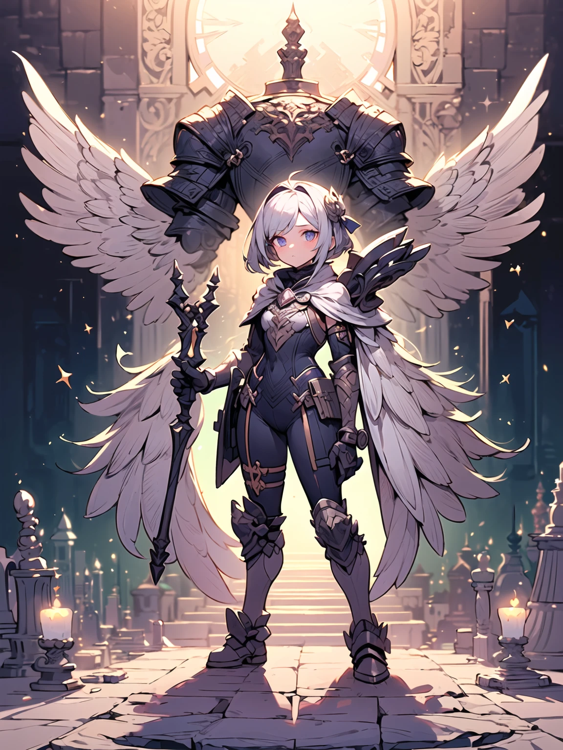 (((masterpiece, best quality, high detailed, 8k))) Design a layout showcase Gaming character, (1girl). Purple+Silver clothes, stylish and unique. ((showcase weapon:1.4)), magical orb. (masterpiece:1.2), (best quality), 4k, ultra-detailed. (Step by step design, layout art:1.5), (luminous lighting, atmospheric lighting). sorceress, ((glove full hands)), (((revealing clothes:1.3))), vambraces, armored legwear, (((full_body_shot:1.4))). {In an enchanted castle}.