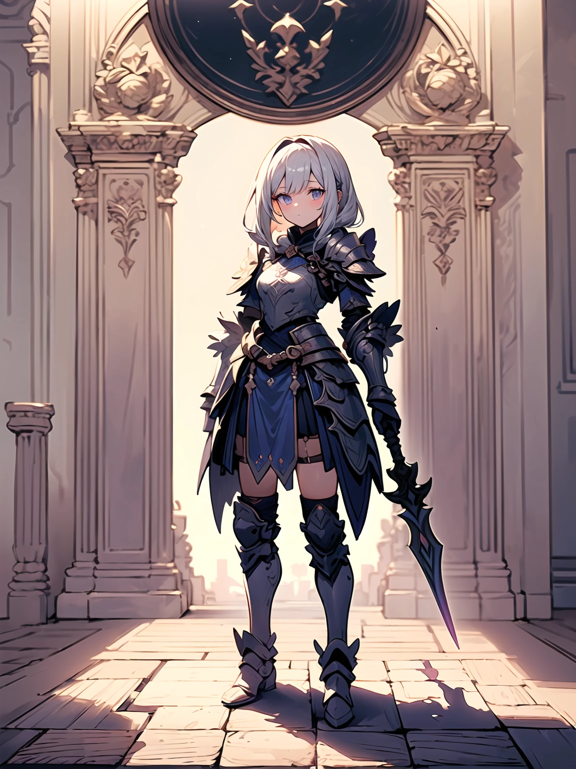 (((masterpiece, best quality, high detailed, 8k))) Design a layout showcase Gaming character, (1girl). Purple+Silver clothes, stylish and unique. ((showcase weapon:1.4)), magical orb. (masterpiece:1.2), (best quality), 4k, ultra-detailed. (Step by step design, layout art:1.5), (luminous lighting, atmospheric lighting). sorceress, ((glove full hands)), (((revealing clothes:1.3))), vambraces, armored legwear, (((full_body_shot:1.4))). {In an enchanted castle}.