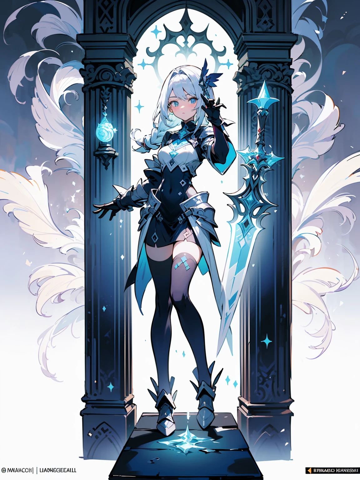 (((masterpiece, best quality, high detailed, 8k))) Design a layout showcase Gaming character, (1girl). Purple+Silver clothes, stylish and unique. ((showcase weapon:1.4)), magical orb. (masterpiece:1.2), (best quality), 4k, ultra-detailed. (Step by step design, layout art:1.5), (luminous lighting, atmospheric lighting). sorceress, ((glove full hands)), (((revealing clothes:1.3))), vambraces, armored legwear, (((full_body_shot:1.4))). {In an enchanted castle}.
