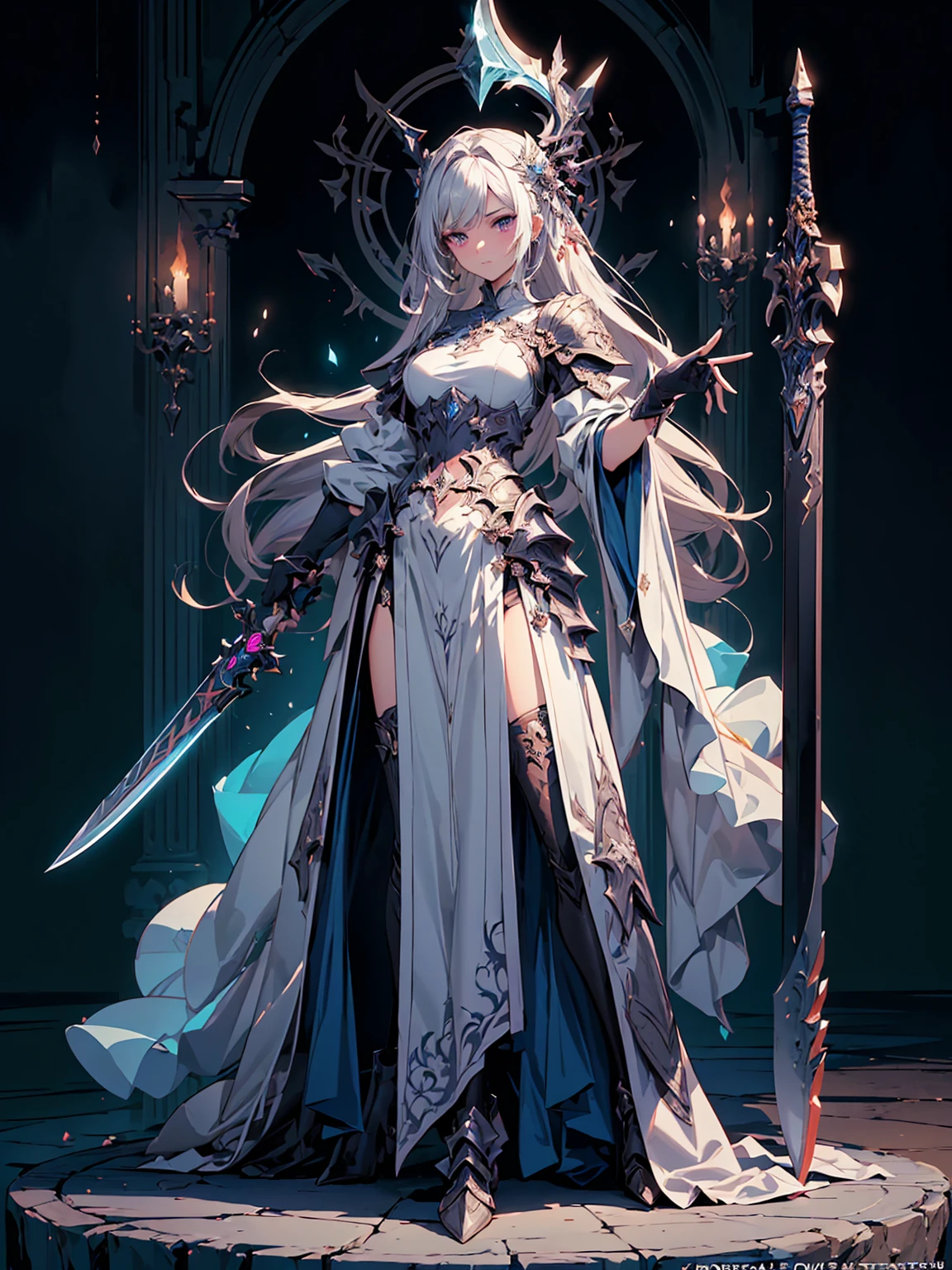 (((masterpiece, best quality, high detailed, 8k))) Design a layout showcase Gaming character, (1girl). Purple+Silver clothes, stylish and unique. ((showcase weapon:1.4)), magical orb. (masterpiece:1.2), (best quality), 4k, ultra-detailed. (Step by step design, layout art:1.5), (luminous lighting, atmospheric lighting). sorceress, ((glove full hands)), (((revealing clothes:1.3))), vambraces, armored legwear, (((full_body_shot:1.4))). {In an enchanted castle}.