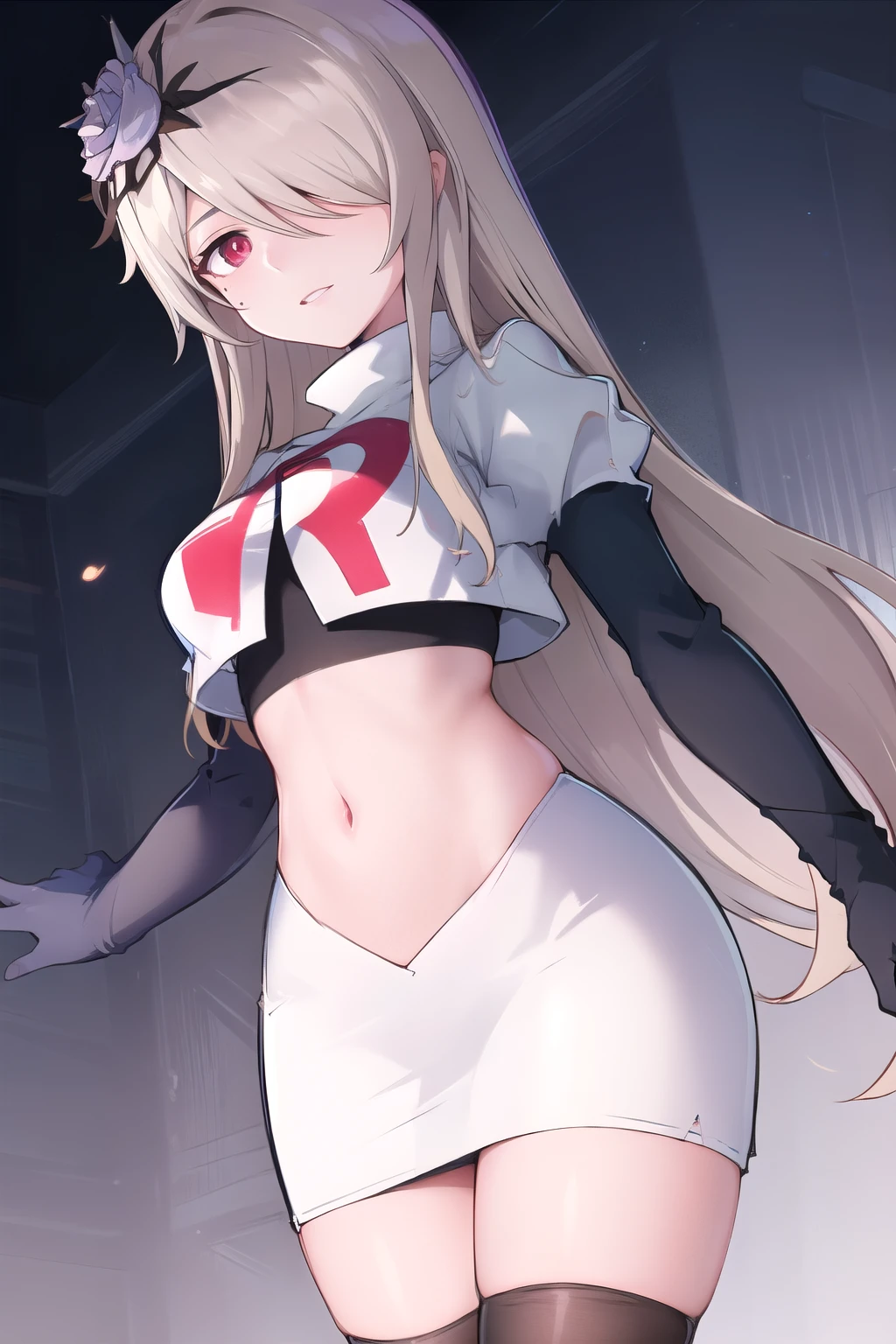 rita rossweisse, brown hair, long hair, hair over one eye, eyes visible through hair, hair flower, blue rose, red eyes, swept bangs, mole under eye, team rocket,team rocket uniform,white skirt,red letter R,crop top,black thigh-highs,black elbow gloves