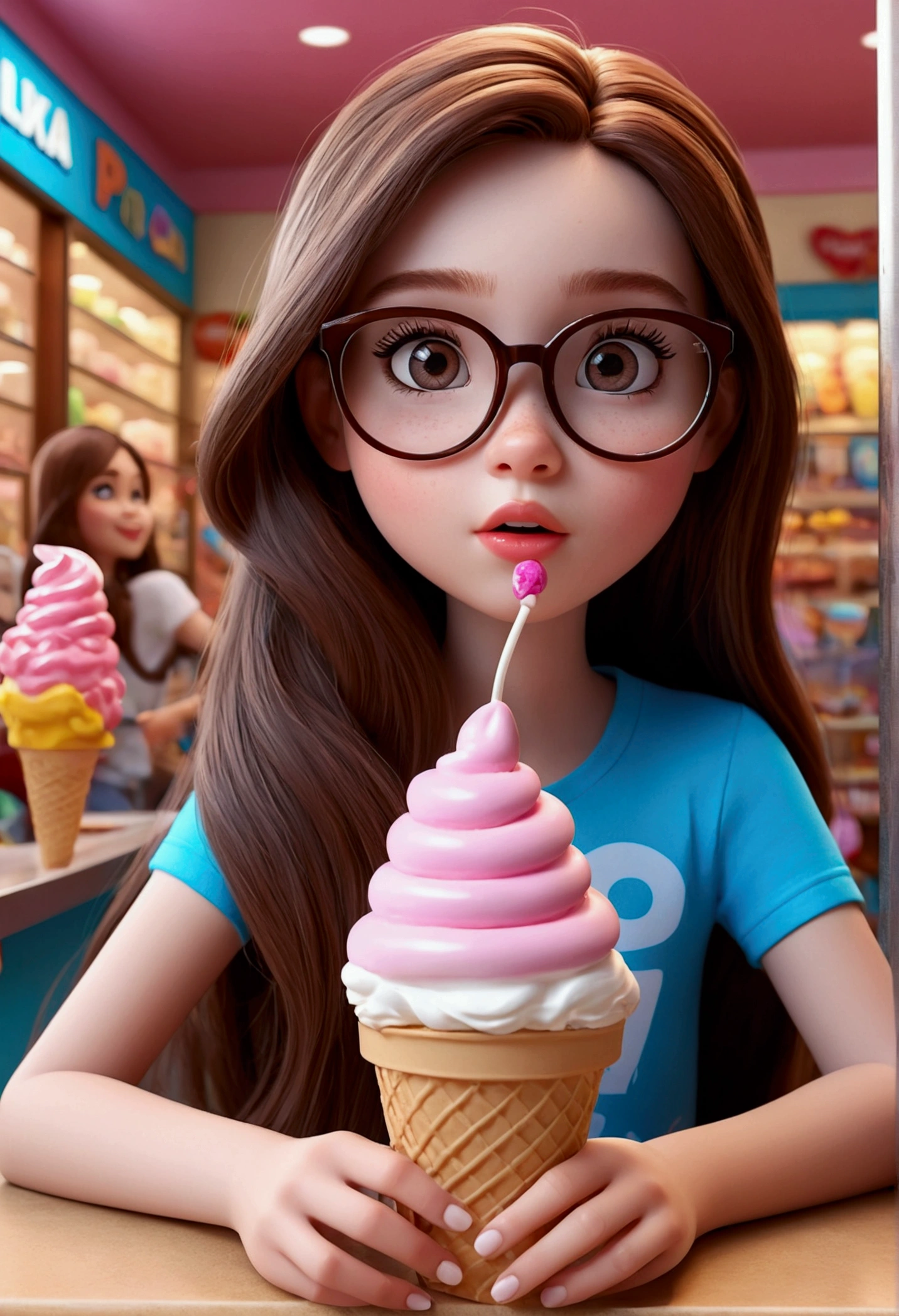 create a 3d pixar style girl long brown hair big shiny eyes with glasses white skin pink lips and cheeks sitting in an ice cream shop