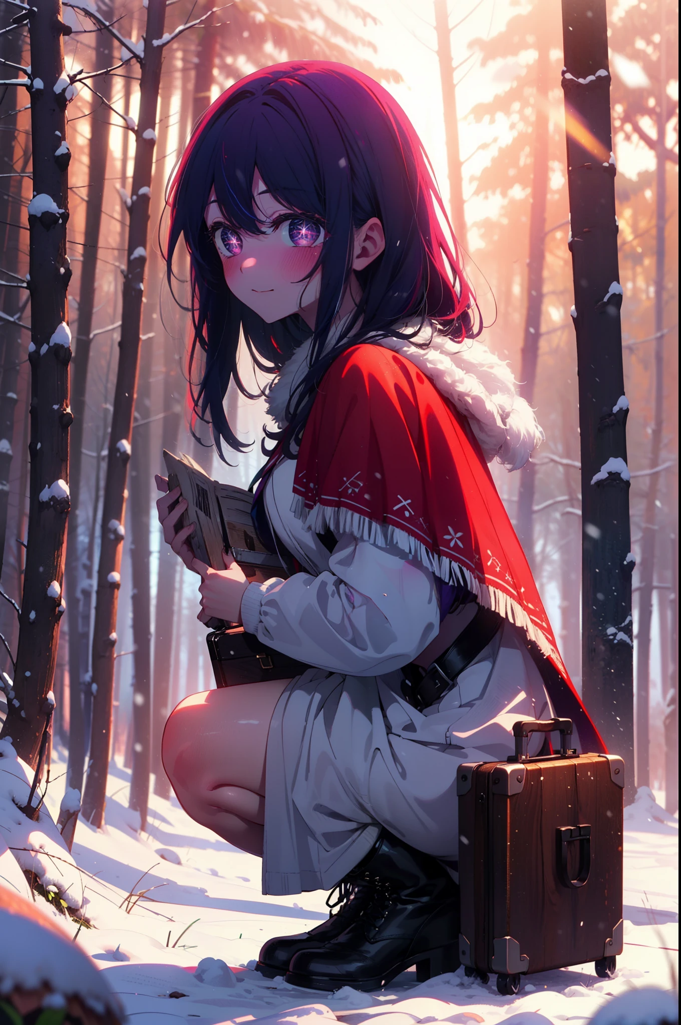 aihoshino, Ai Hoshino, Long Hair, bangs, (Purple eyes:1.1), Purple Hair, (Symbol-shaped pupil:1.5), smile,,smile,blush,white breath,
Open your mouth,snow,Ground bonfire, Outdoor, boots, snowing, From the side, wood, suitcase, Cape, Blurred, , forest, White handbag, nature, Squat, Mouth closed, Cape, winter, Written boundary depth, Black shoes, red Cape break looking at viewer, Upper Body, whole body, break Outdoor, forest, nature, break (masterpiece:1.2), Highest quality, High resolution, unity 8k wallpaper, (shape:0.8), (Beautiful and beautiful eyes:1.6), Highly detailed face, Perfect lighting, Highly detailed CG, (Perfect hands, Perfect Anatomy),
