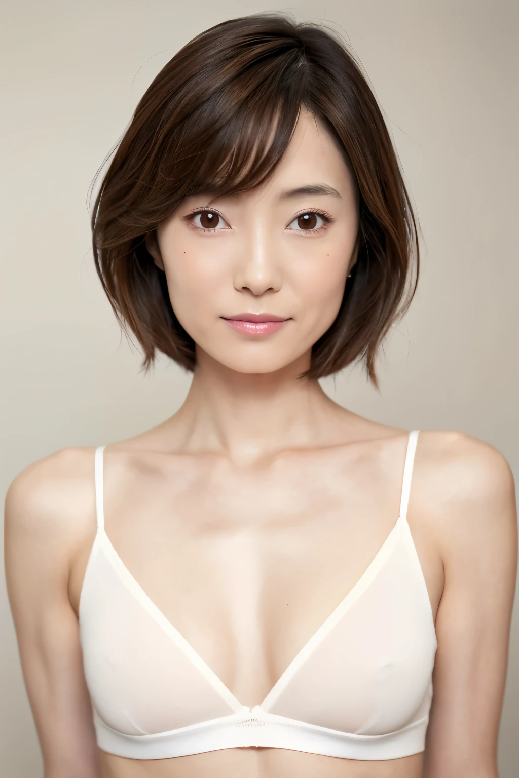 Japanese, short stature woman,  physique, short arm, long slit eyes, fleeting atmosphere, 30 year old, brown bob hair, ((thin lips)), white top and bottom underwear, musterpiece, best quality, detailed skin, detailed face, detailed eyes, 8K, good anatomy, upper body portrait