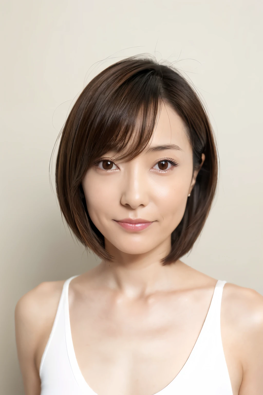 Japanese, short stature woman,  physique, short arm, long slit eyes, fleeting atmosphere, 30 year old, brown bob hair, ((thin lips)), white top and bottom underwear, musterpiece, best quality, detailed skin, detailed face, detailed eyes, 8K, good anatomy, upper body portrait