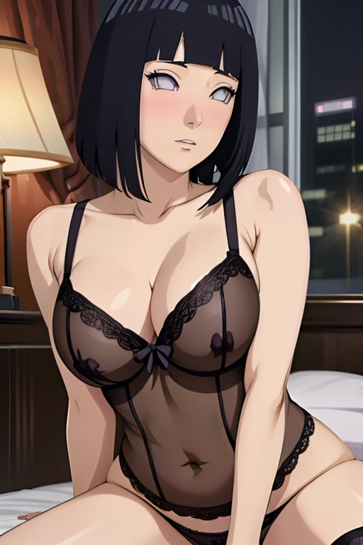 (milf body) beautiful women hinata hyuga her purple hair, her whit big eyes, (blushing face) she wearing a black lengerie (hotel room) (night)