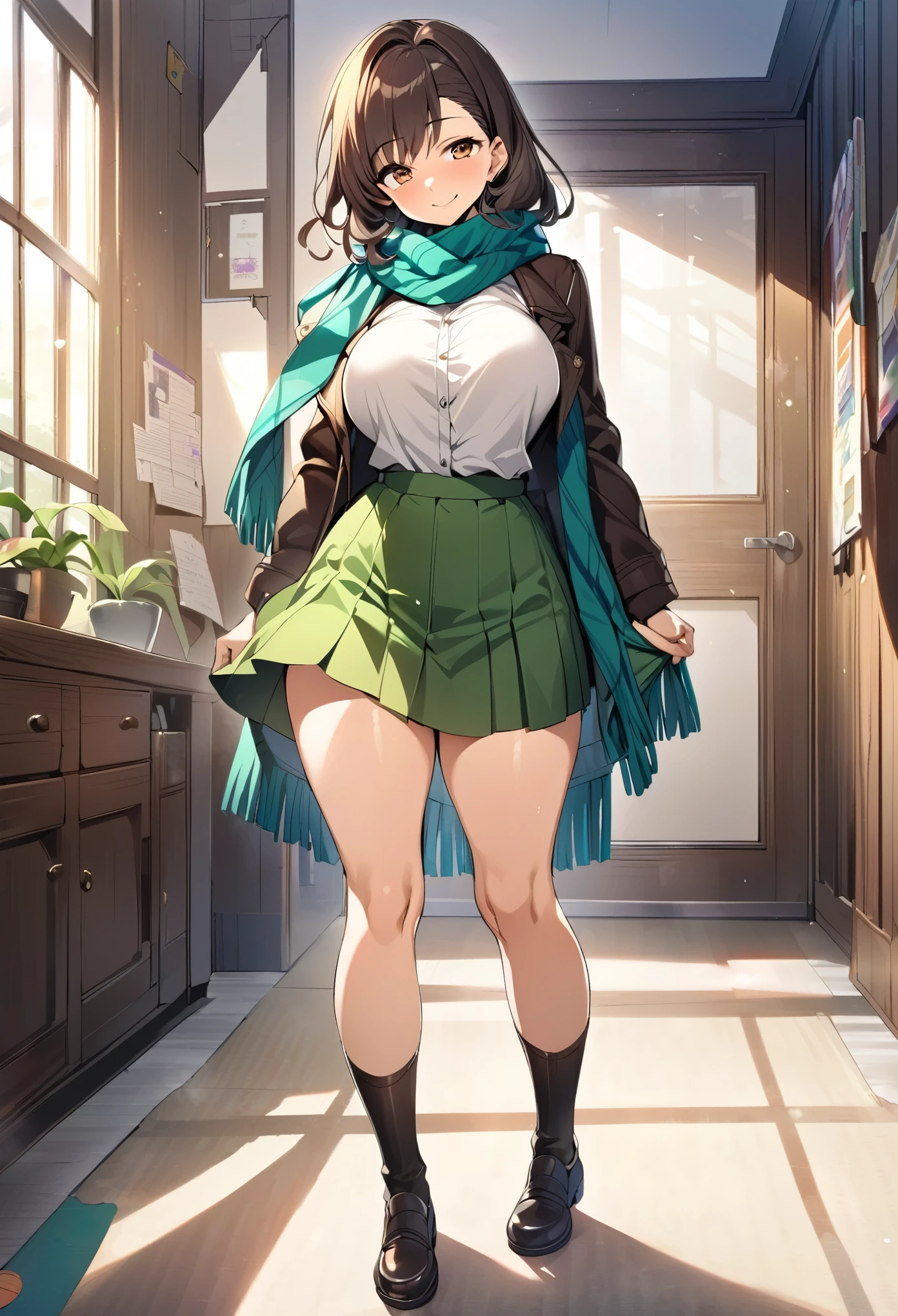 Best quality, masterpiece, high definition, Kagome Higurashi, 1 girl, full body, , full body, ((anime)), ((colorful)), breast, smiling, soft thighs, scarf, green skirt, full body