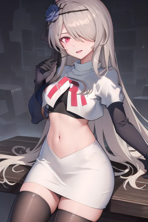 rita rossweisse, brown hair, long hair, hair over one eye, eyes visible through hair, hair flower, blue rose, red eyes, swept bangs, mole under eye, team rocket,team rocket uniform,white skirt,red letter R,crop top,black thigh-highs,black elbow gloves