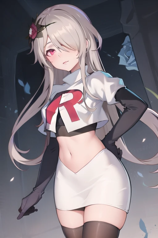rita rossweisse, brown hair, long hair, hair over one eye, eyes visible through hair, hair flower, blue rose, red eyes, swept bangs, mole under eye, team rocket,team rocket uniform,white skirt,red letter R,crop top,black thigh-highs,black elbow gloves