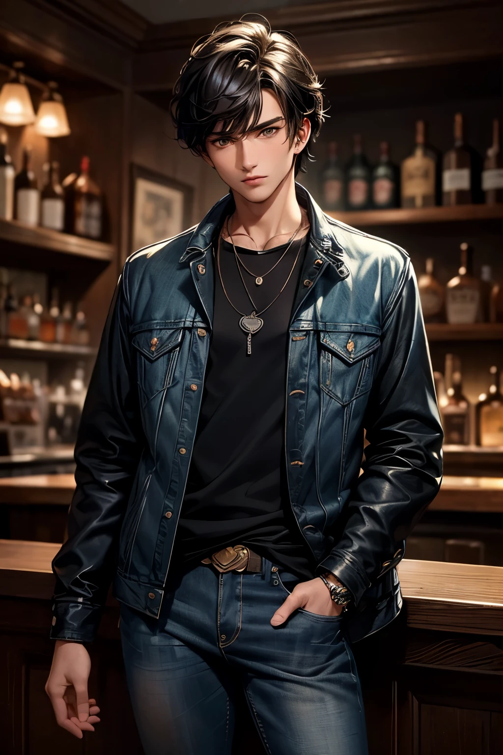 Masterpiece, Best Quality, Ultra-Detailed, 1boy, 20years old, brown eyes, black hair, Side-Swept Bangs hairstyle, Side-Swept Bangs, jeans jacket, cyan jacket, black shirt, collar, necklace, heart necklace, looking side, cowboy shot, bar background