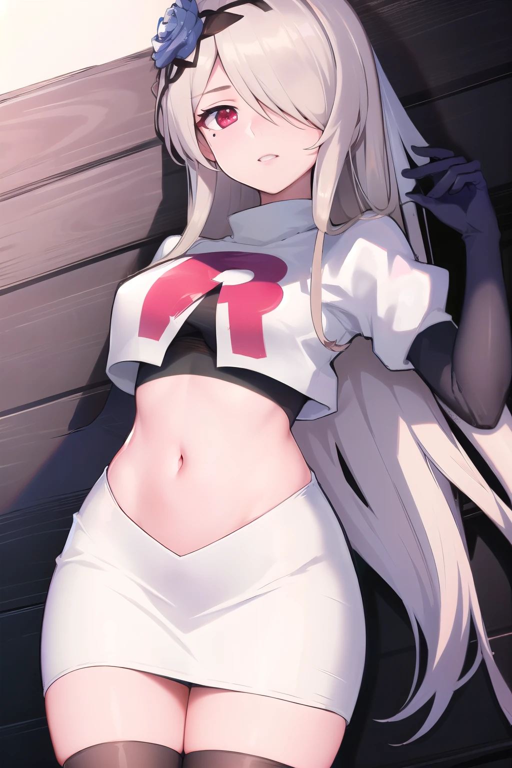 rita rossweisse, brown hair, long hair, hair over one eye, eyes visible through hair, hair flower, blue rose, red eyes, swept bangs, mole under eye, team rocket,team rocket uniform,white skirt,red letter R,crop top,black thigh-highs,black elbow gloves