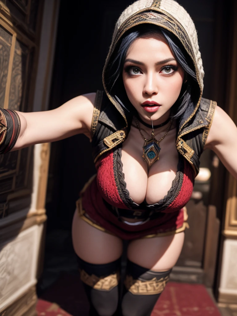 (best quality,4k,8k,highres,masterpiece:1.2)female,captivating eyes,pouty lips,seductive expression,expressive face,flowing vibrant hair,colored hair,2color hair,colored skin,random perfectly body,full body, random flirtatious pose,looking directly into the camera,showing confidence,she is wearing sexy outfit, ((assassin creed outfit)), white and red outfit,pov blowjob