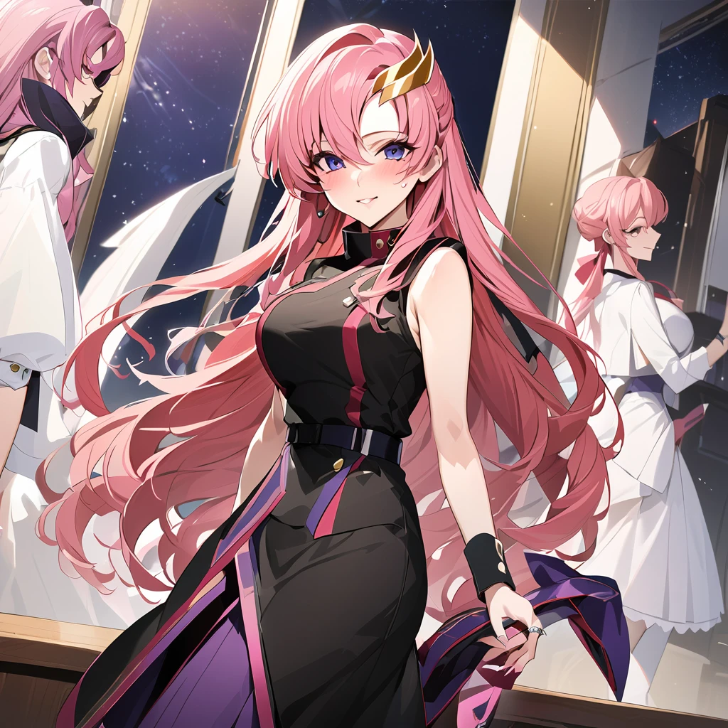 ((Highest quality)), ((masterpiece)), (detailed), (Perfect Face)、The woman is Lacus Clyne, a member of the Foundation and wife of Orpheus, King of the Accord, wearing the Black Knights Code uniform, an engagement ring, beautifully decorated accessories, and a gorgeous hair ornament. She has medium-long pink hair.、Beloved wife of Orpheus, King of Accord