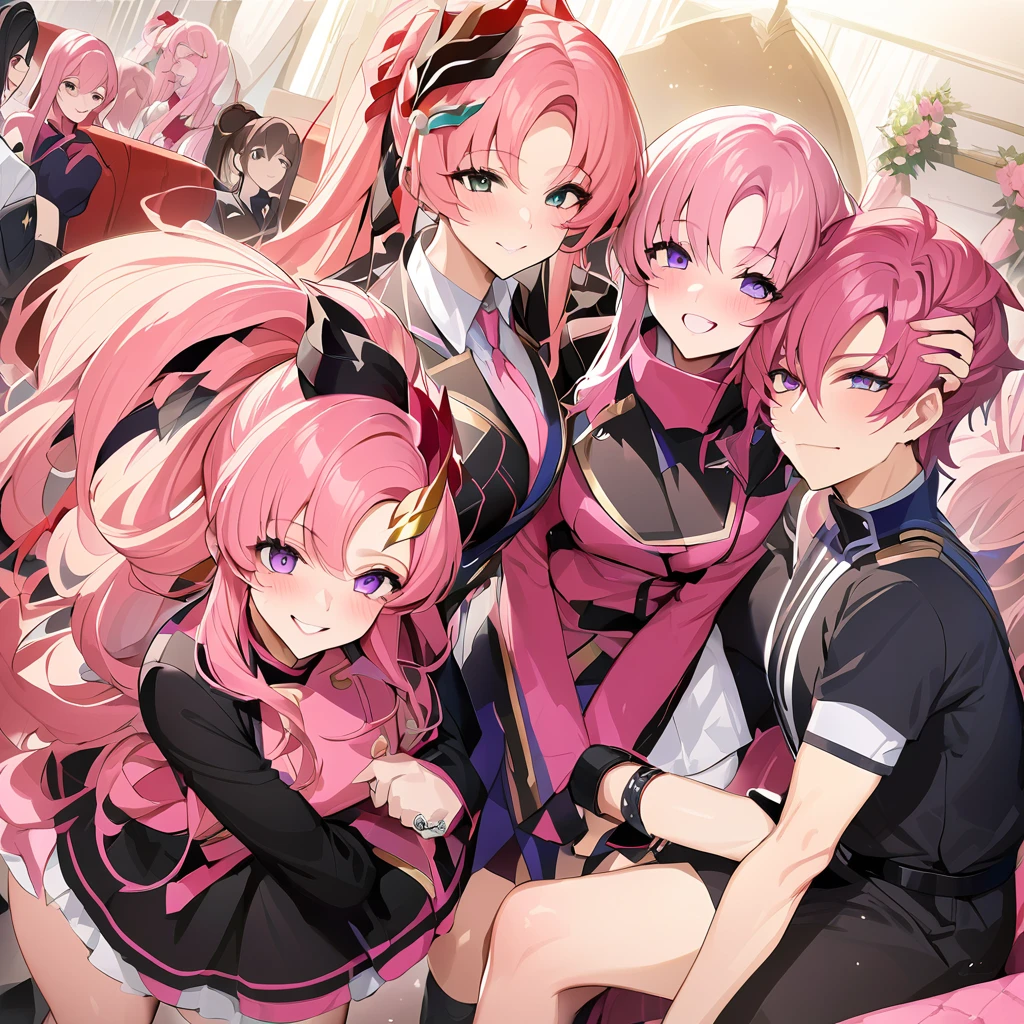 ((Highest quality)), ((masterpiece)), (detailed), （Perfect Face）、The woman is Lacus Clyne, a member of the Foundation and wife of Orpheus, King of the Accord, wearing the Black Knights Code uniform, an engagement ring, beautifully decorated accessories, and a gorgeous hair ornament. She has medium-long pink hair.、Beloved wife of Orpheus, King of Accord